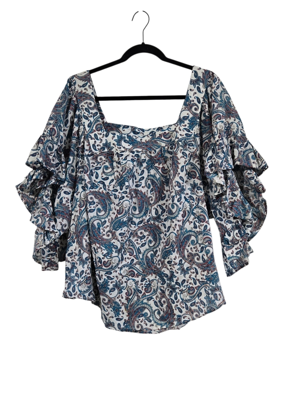 Terra & Sky Blue and Cream Paisley Square-Neck Ruffle Sleeve Top